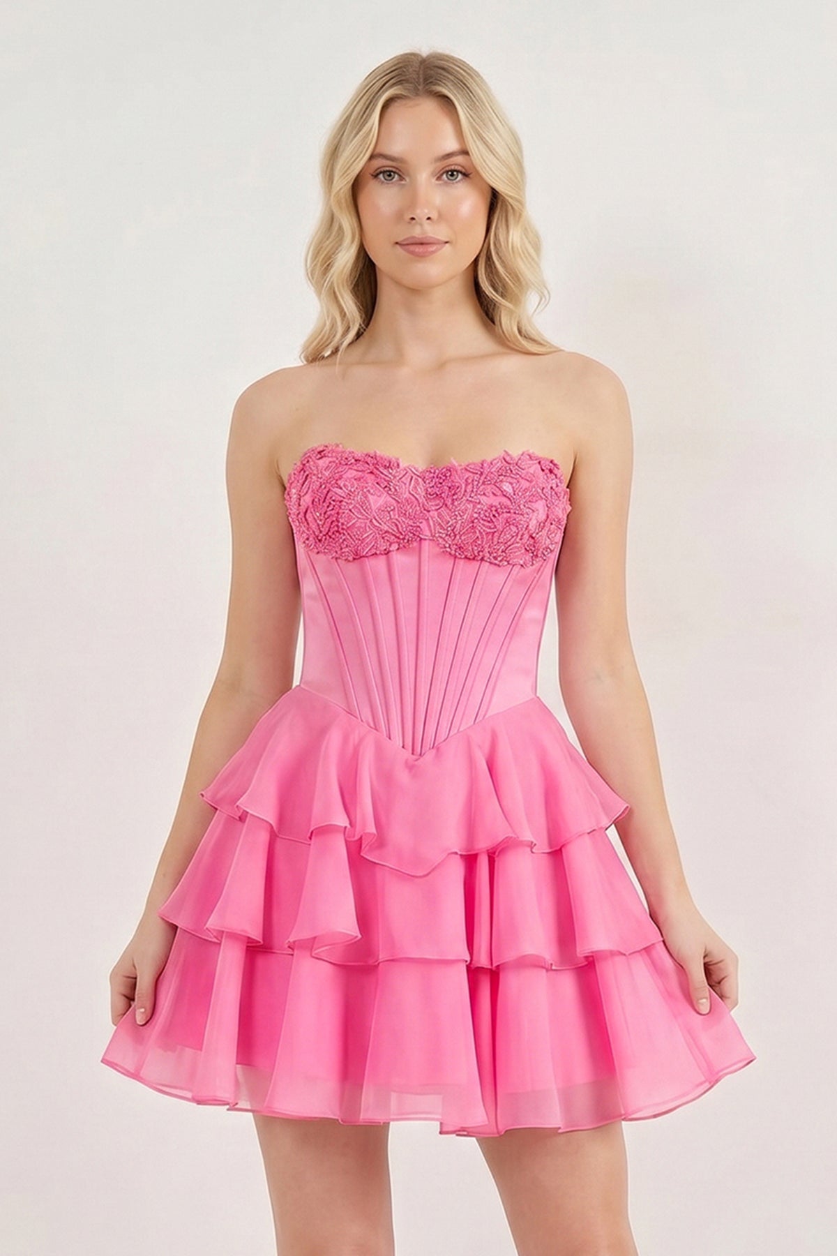 Pink Strapless Tiered A-Line Ruffled Chiffon Appliqued Wedding Guest Dress - Curvevia