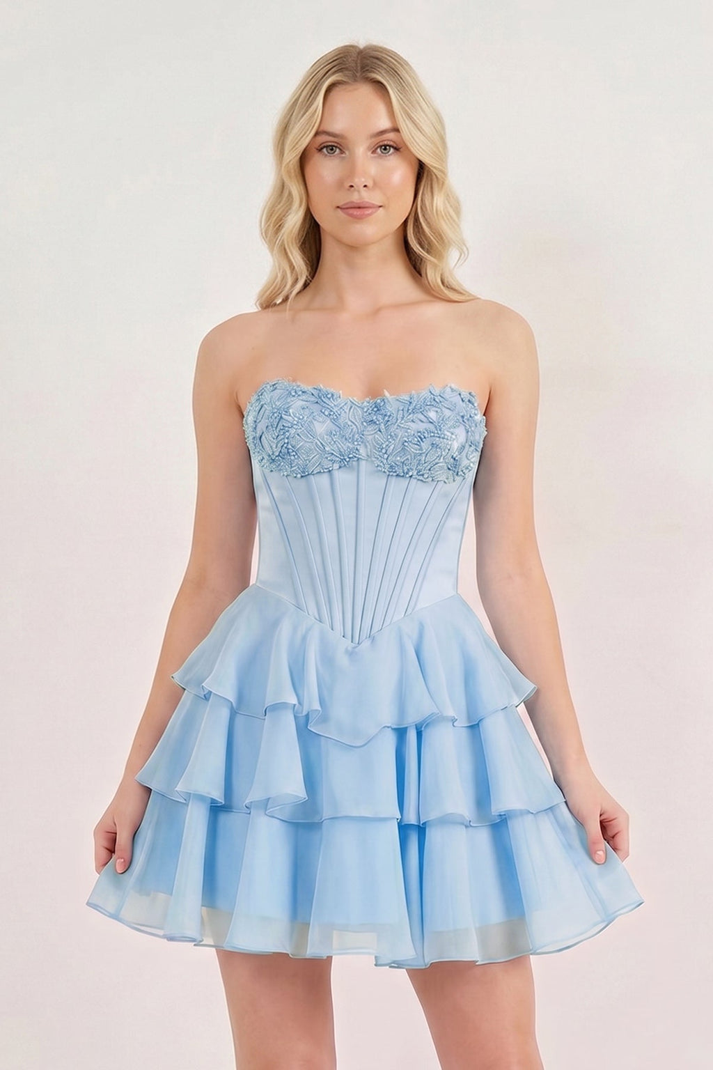 Pink Strapless Tiered A-Line Ruffled Chiffon Appliqued Wedding Guest Dress - Curvevia