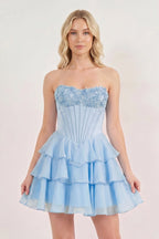 Pink Strapless Tiered A-Line Ruffled Chiffon Appliqued Wedding Guest Dress - Curvevia