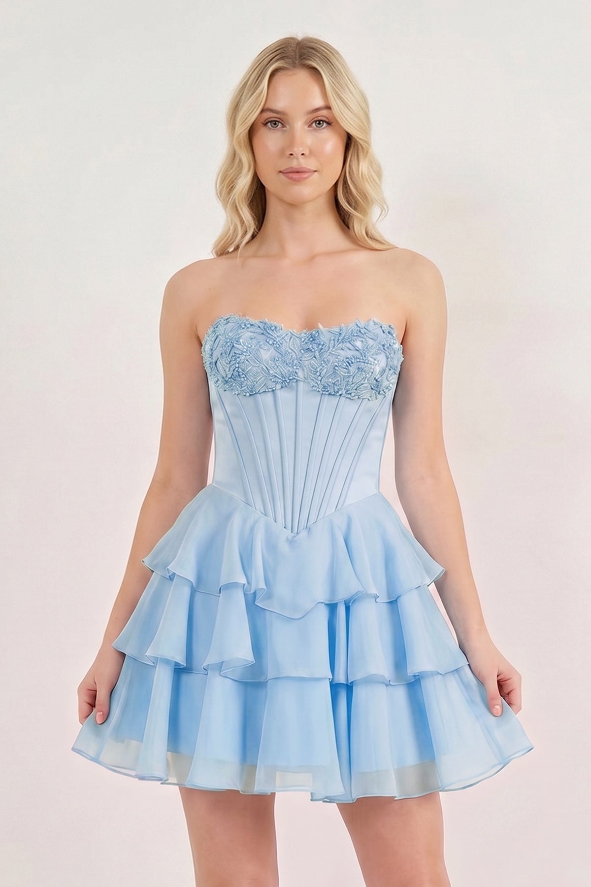 Pink Strapless Tiered A-Line Ruffled Chiffon Appliqued Wedding Guest Dress - Curvevia