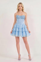 Pink Strapless Tiered A-Line Ruffled Chiffon Appliqued Wedding Guest Dress - Curvevia
