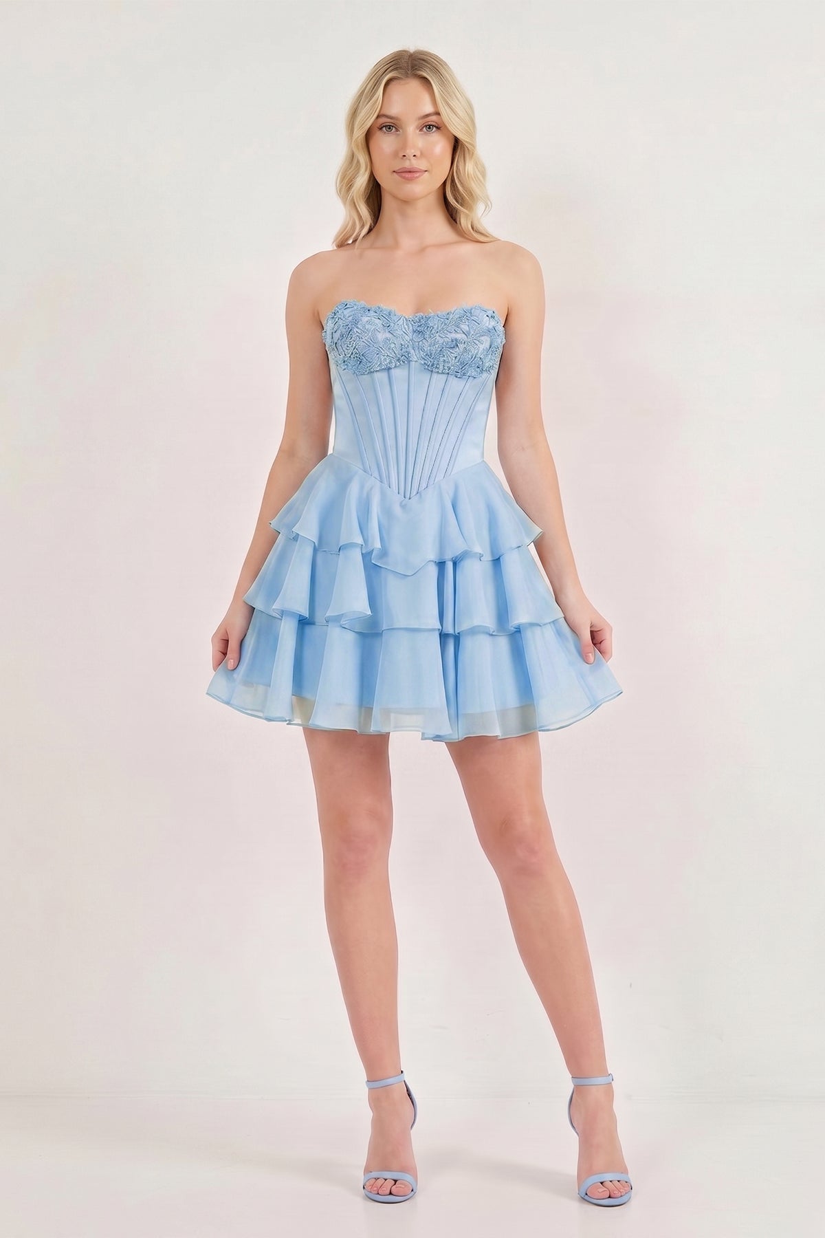 Pink Strapless Tiered A-Line Ruffled Chiffon Appliqued Wedding Guest Dress - Curvevia
