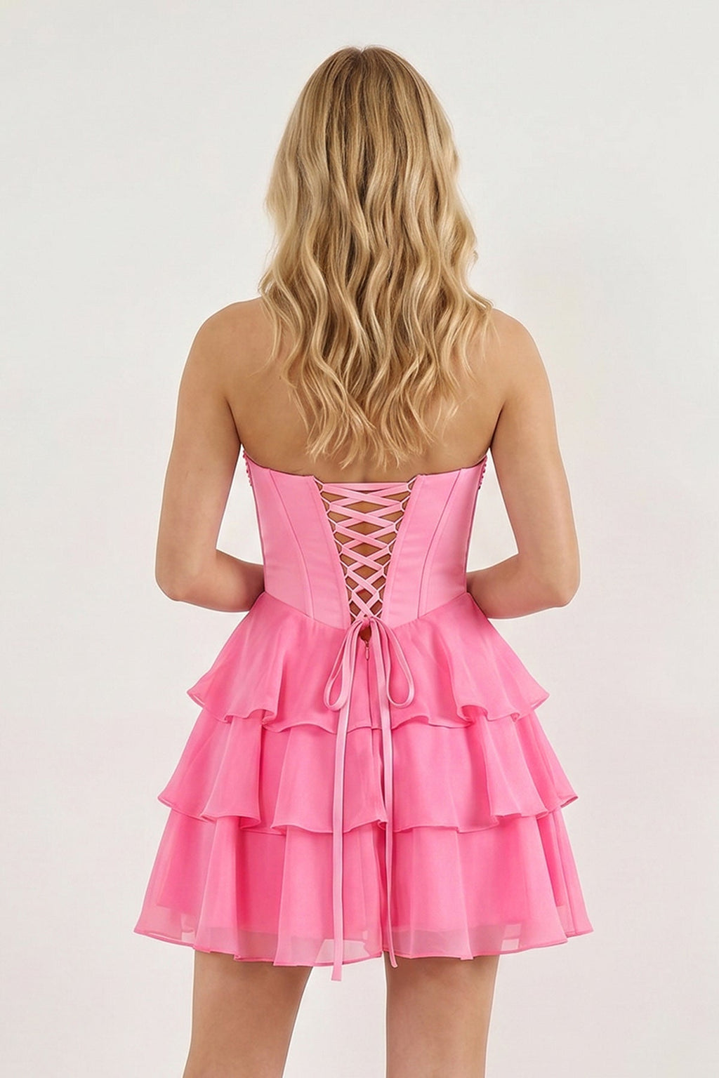 Pink Strapless Tiered A-Line Ruffled Chiffon Appliqued Wedding Guest Dress - Curvevia