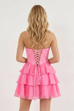 Pink Strapless Tiered A-Line Ruffled Chiffon Appliqued Wedding Guest Dress - Curvevia
