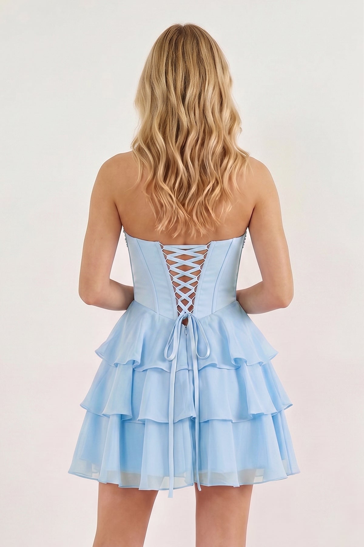 Pink Strapless Tiered A-Line Ruffled Chiffon Appliqued Wedding Guest Dress - Curvevia
