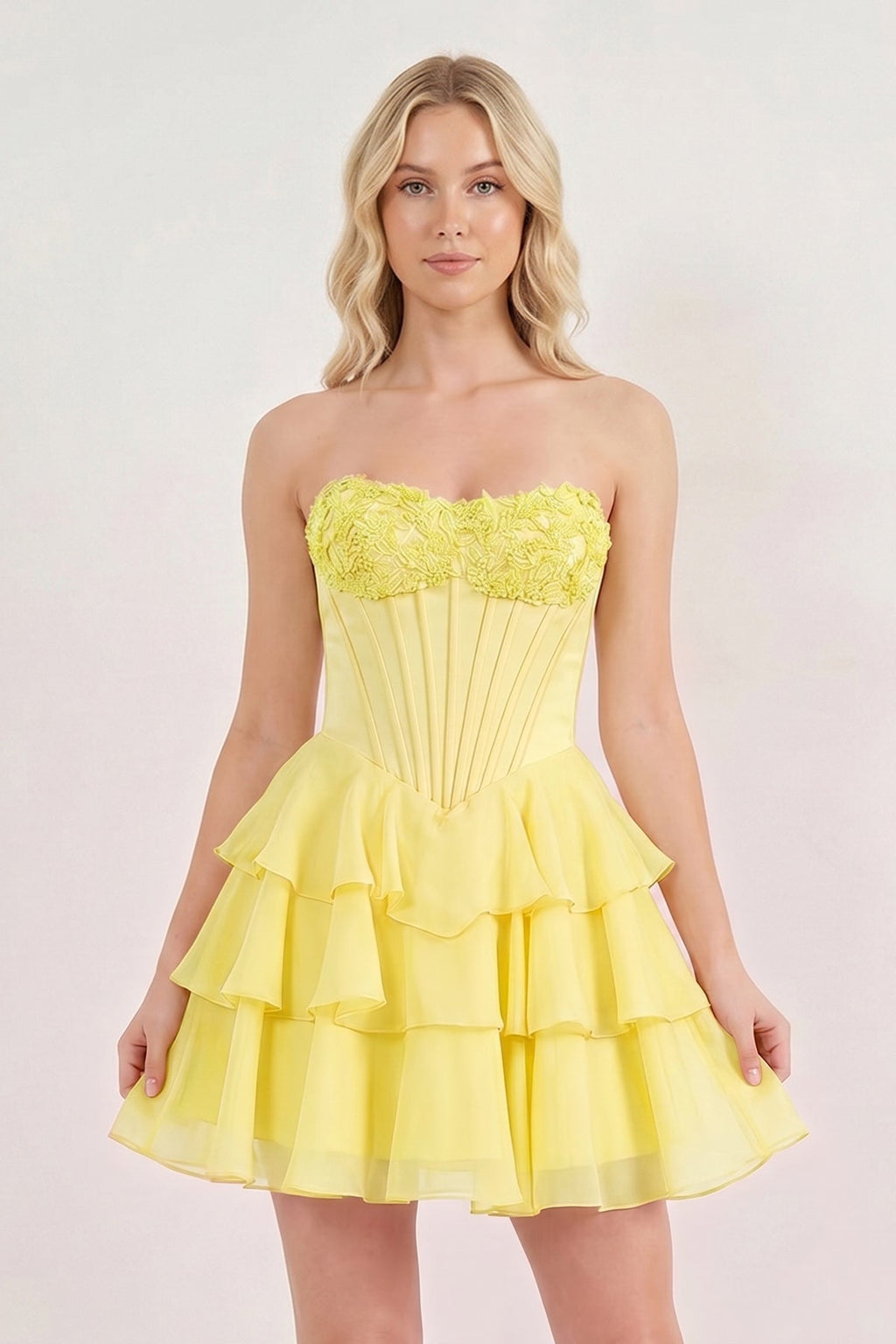 Pink Strapless Tiered A-Line Ruffled Chiffon Appliqued Wedding Guest Dress - Curvevia