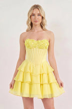 Pink Strapless Tiered A-Line Ruffled Chiffon Appliqued Wedding Guest Dress - Curvevia