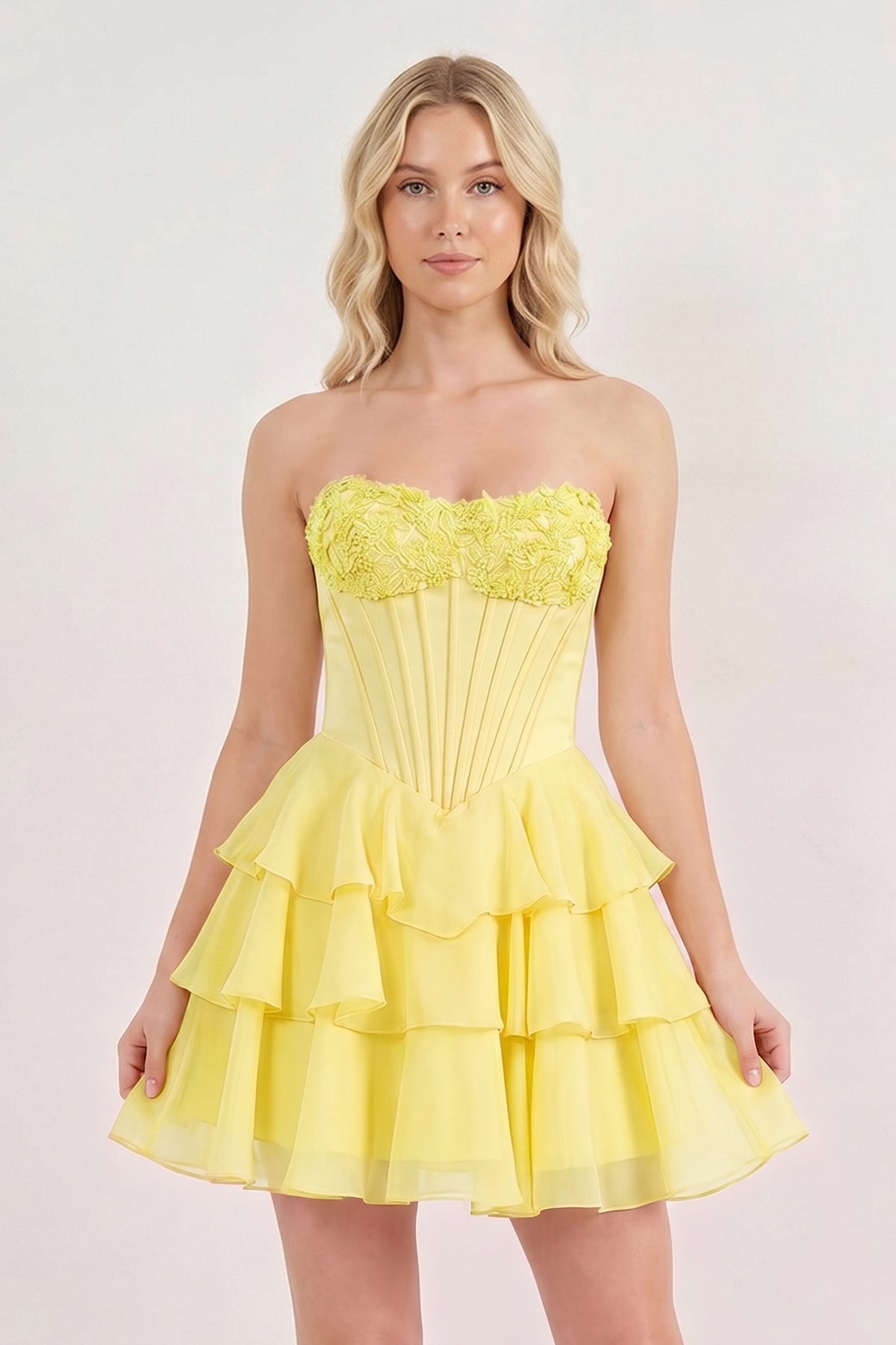 Pink Strapless Tiered A-Line Ruffled Chiffon Appliqued Wedding Guest Dress - Curvevia