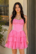 Pink Strapless Tiered A-Line Ruffled Chiffon Appliqued Wedding Guest Dress - Curvevia