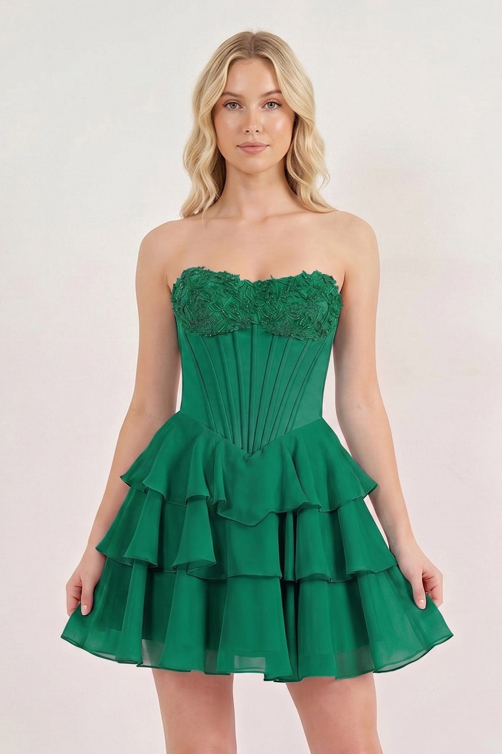 Pink Strapless Tiered A-Line Ruffled Chiffon Appliqued Wedding Guest Dress - Curvevia