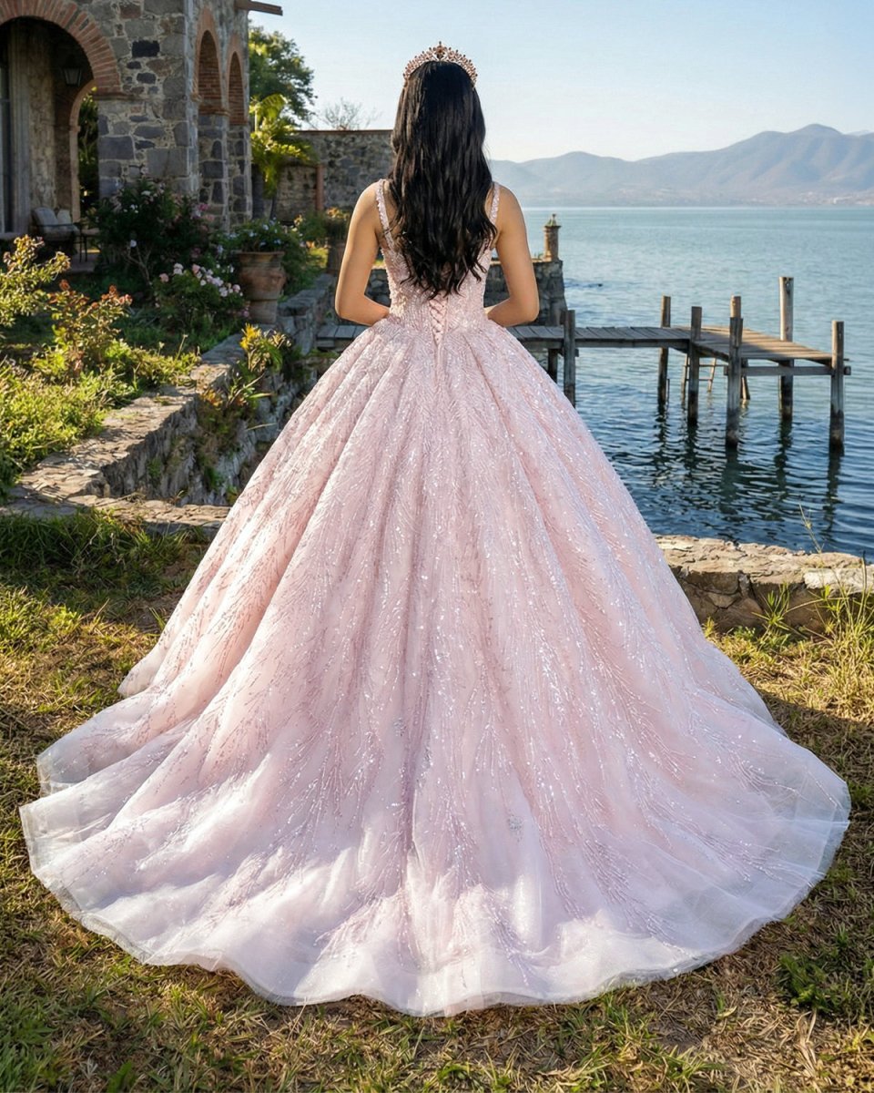 Pink Straps Sequin Beaded Long Ball Gown Quinceanera Dresses - Curvevia