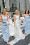 Pink Straps Sheath Square Neck Satin Sleeveless Long Bridesmaid Dress - Curvevia