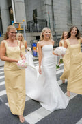 Pink Straps Sheath Square Neck Satin Sleeveless Long Bridesmaid Dress - Curvevia