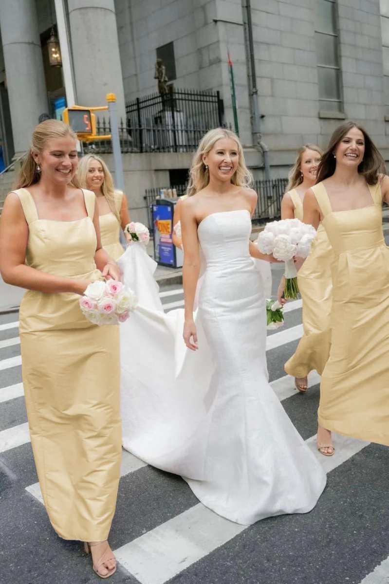 Pink Straps Sheath Square Neck Satin Sleeveless Long Bridesmaid Dress - Curvevia