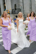 Pink Straps Sheath Square Neck Satin Sleeveless Long Bridesmaid Dress - Curvevia