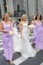 Pink Straps Sheath Square Neck Satin Sleeveless Long Bridesmaid Dress - Curvevia