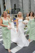 Pink Straps Sheath Square Neck Satin Sleeveless Long Bridesmaid Dress - Curvevia