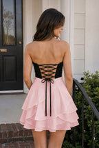 White Black Sweetheart A-Line Ruffled Chiffon Homecoming Dress with Bow - Curvevia
