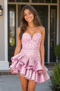 Pink Sweetheart Polka Dots Ruched Ruffled A-Line Homecoming Dress - Curvevia