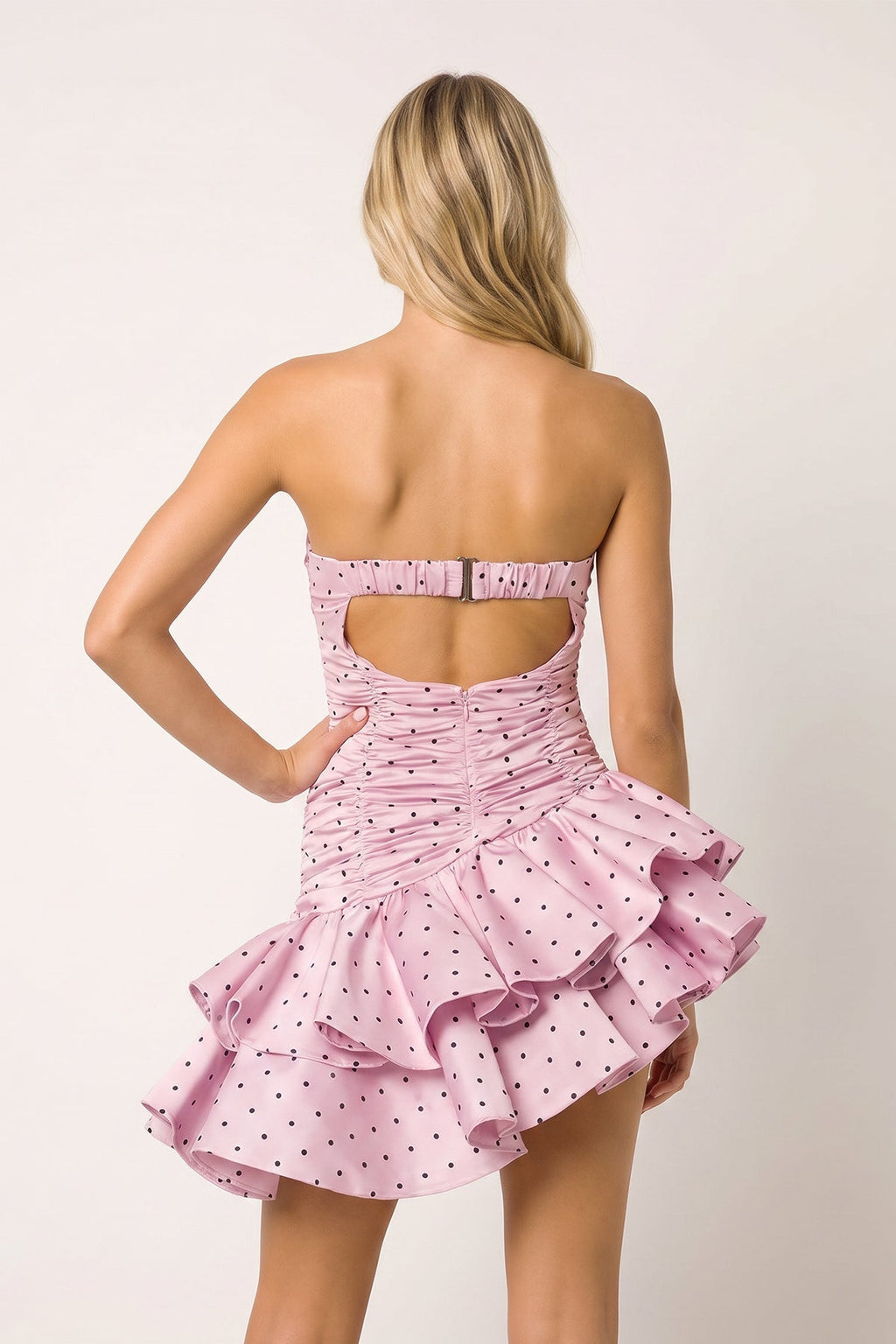 Pink Sweetheart Polka Dots Ruched Ruffled A-Line Homecoming Dress - Curvevia