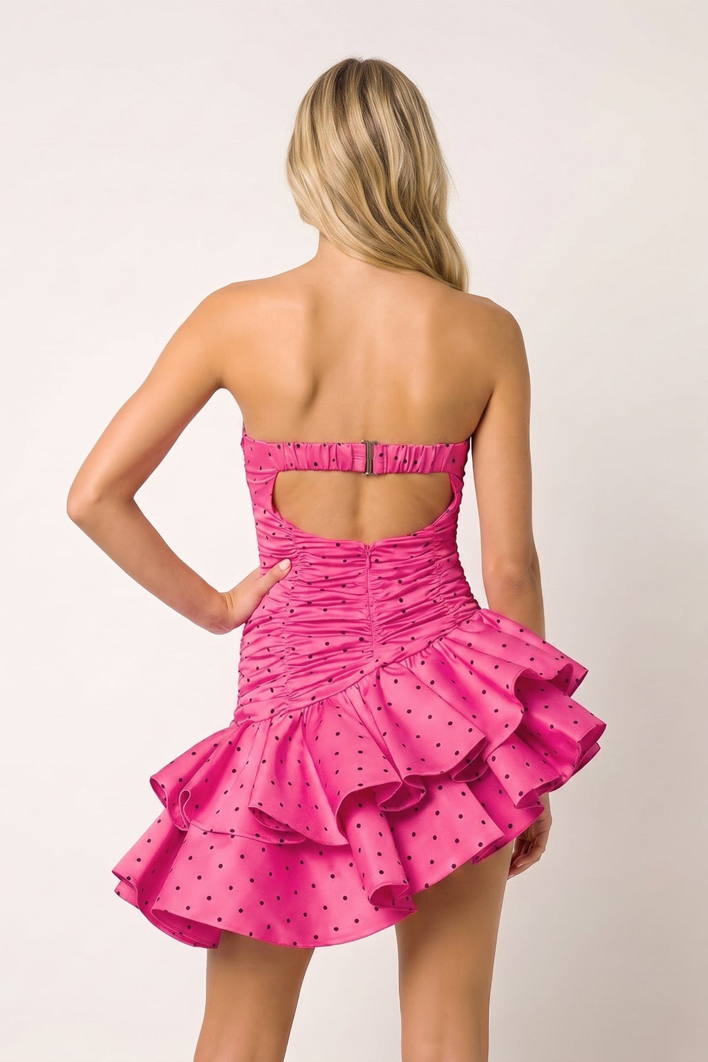 Pink Sweetheart Polka Dots Ruched Ruffled A-Line Homecoming Dress - Curvevia