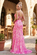 Pink Spaghetti Straps Sequins Lace Mermaid Evening Dress with Slit - Curvevia
