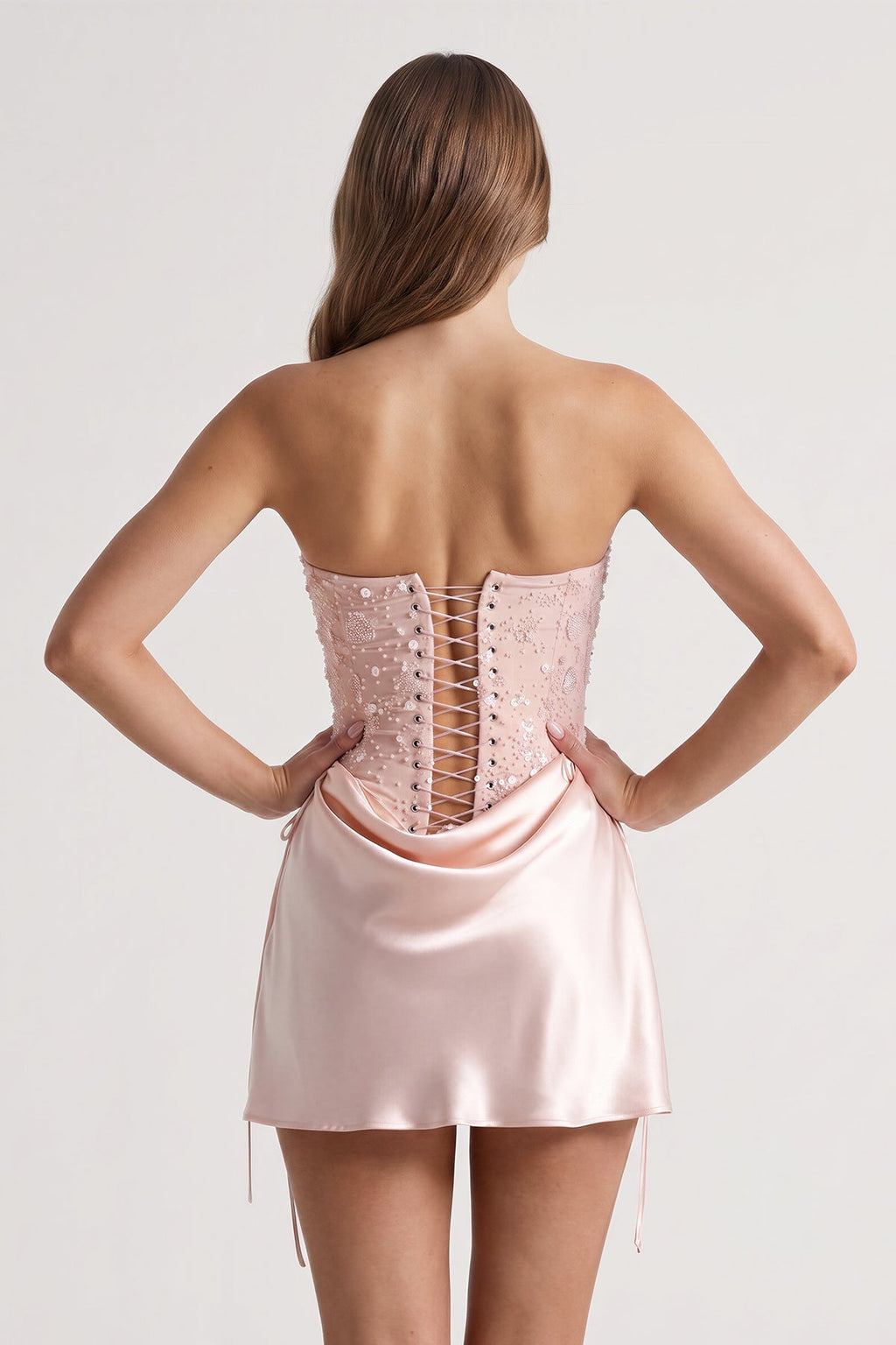 Pink Sweetheart Sheath Corset Ruched Satin Homecoming Dress with Beading - Curvevia