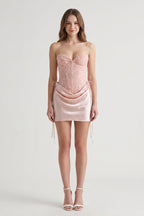 Pink Sweetheart Sheath Corset Ruched Satin Homecoming Dress with Beading - Curvevia