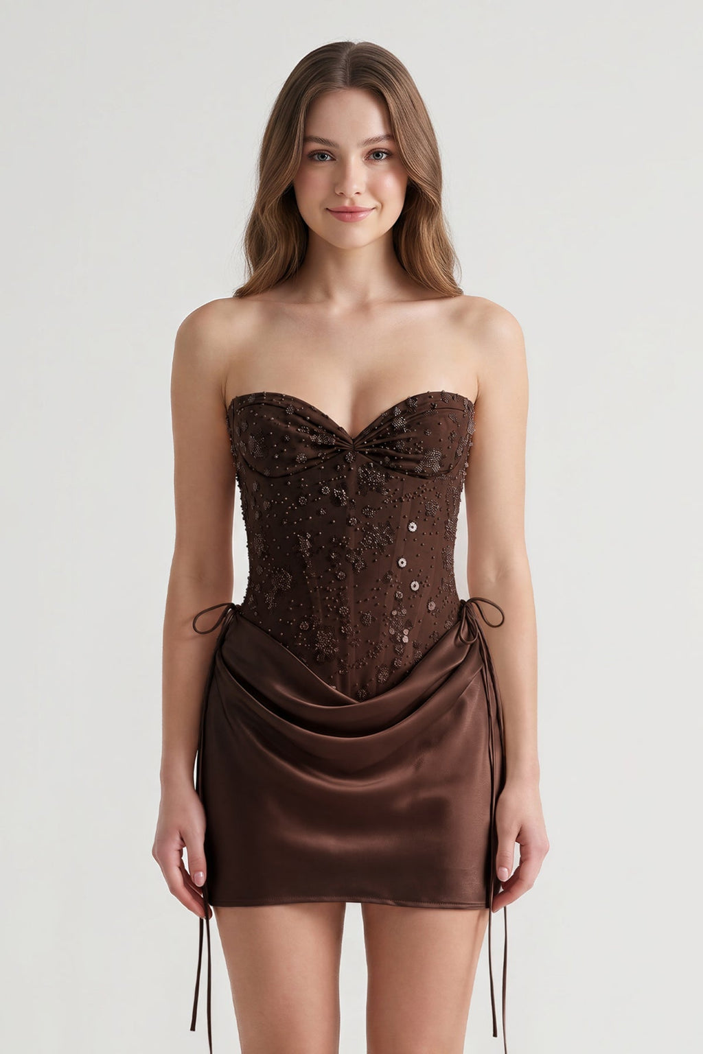 Pink Sweetheart Sheath Corset Ruched Satin Homecoming Dress with Beading - Curvevia