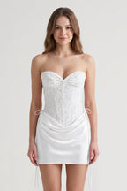 Pink Sweetheart Sheath Corset Ruched Satin Homecoming Dress with Beading - Curvevia