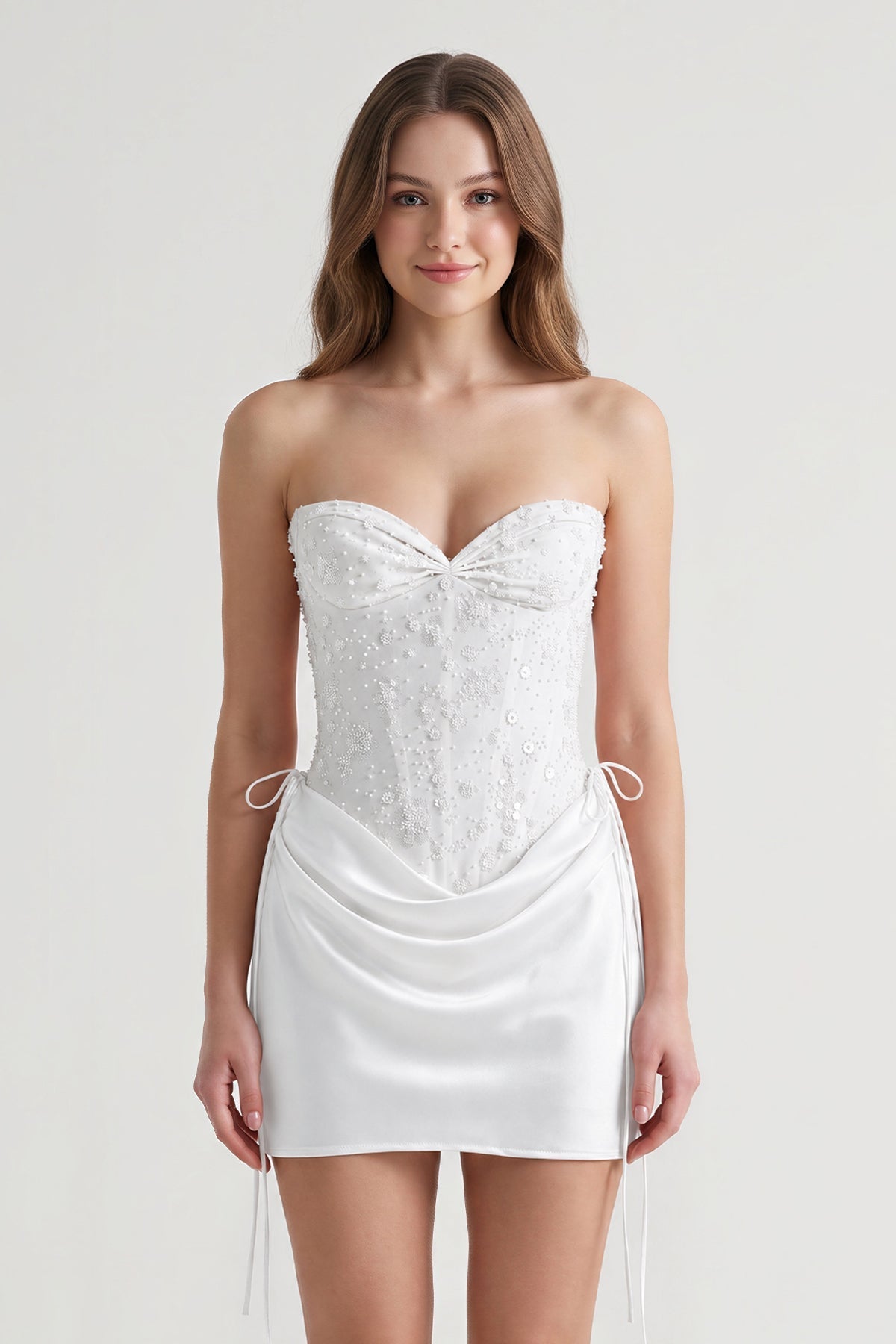 Pink Sweetheart Sheath Corset Ruched Satin Homecoming Dress with Beading - Curvevia