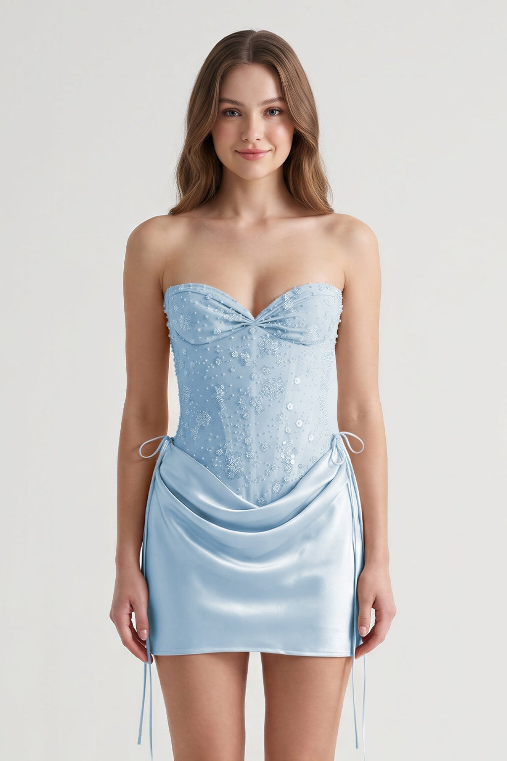 Pink Sweetheart Sheath Corset Ruched Satin Homecoming Dress with Beading - Curvevia