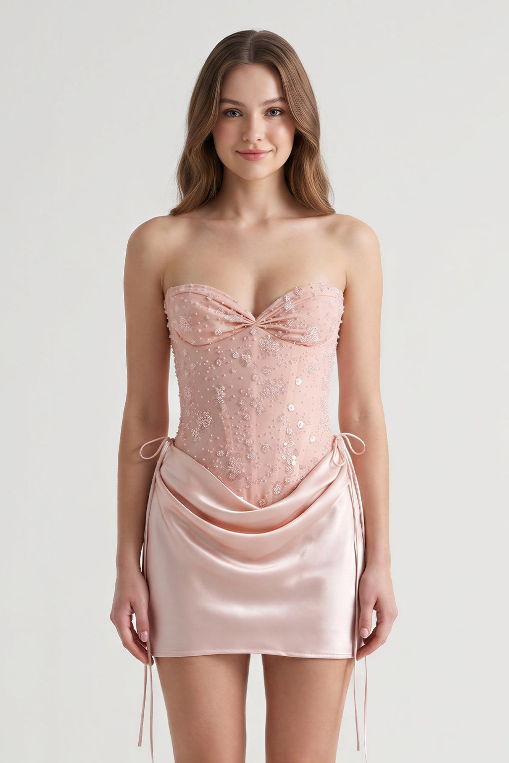 Pink Sweetheart Sheath Corset Ruched Satin Homecoming Dress with Beading - Curvevia