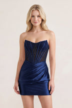 Pink Sweetheart Sheath Satin Corset Ruched Homecoming Dress With Beading - Curvevia