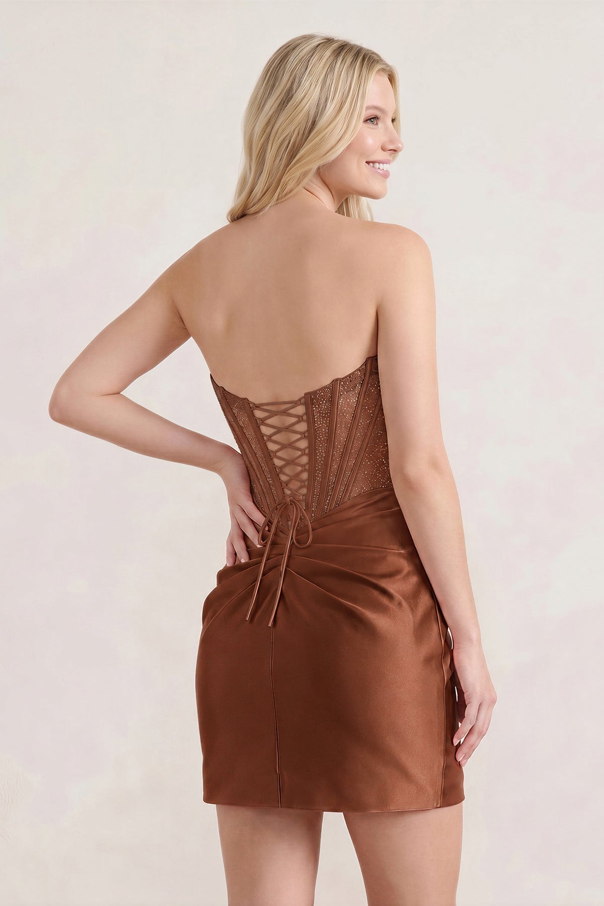 Pink Sweetheart Sheath Satin Corset Ruched Homecoming Dress With Beading - Curvevia