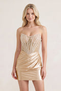Pink Sweetheart Sheath Satin Corset Ruched Homecoming Dress With Beading - Curvevia