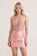 Pink Sweetheart Sheath Satin Corset Ruched Homecoming Dress With Beading - Curvevia