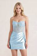 Pink Sweetheart Sheath Satin Corset Ruched Homecoming Dress With Beading - Curvevia