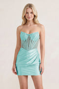 Pink Sweetheart Sheath Satin Corset Ruched Homecoming Dress With Beading - Curvevia