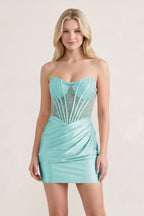 Pink Sweetheart Sheath Satin Corset Ruched Homecoming Dress With Beading - Curvevia