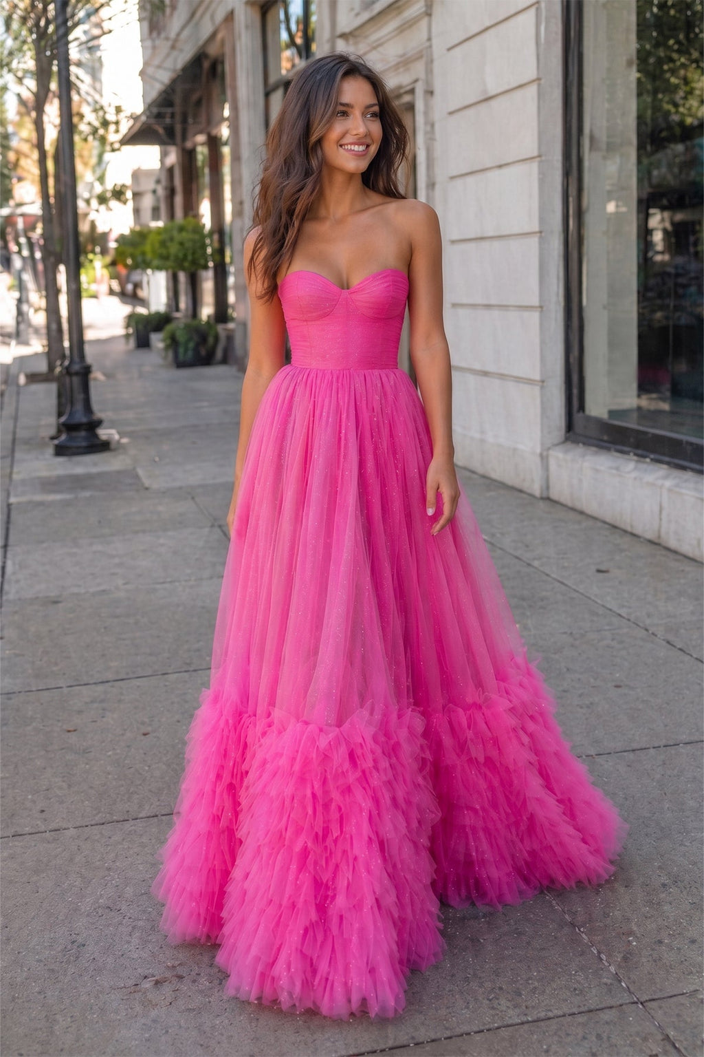 Pink Sweetheart Tiered Tulle Long Mother of the Bride Dress - Curvevia