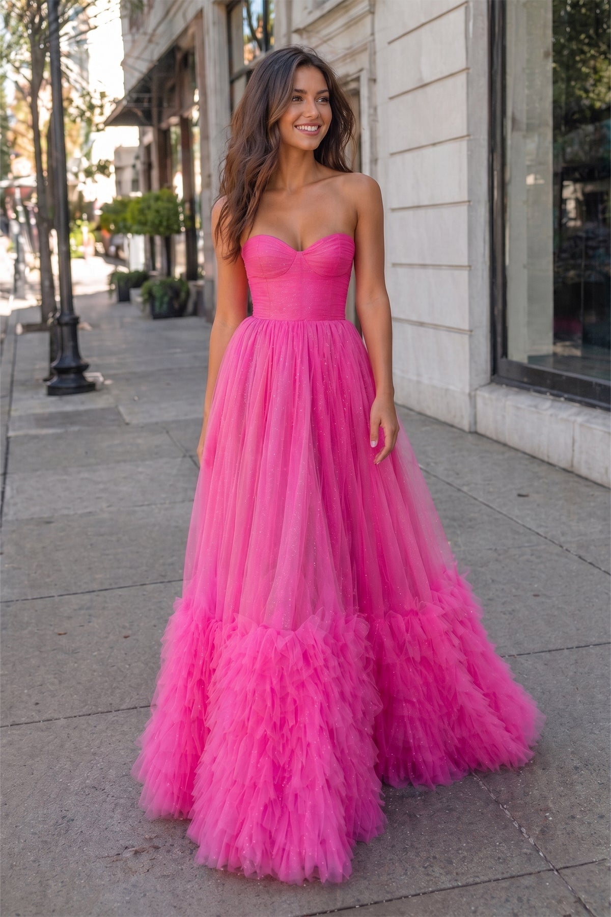 Pink Sweetheart Tiered Tulle Long Mother of the Bride Dress - Curvevia