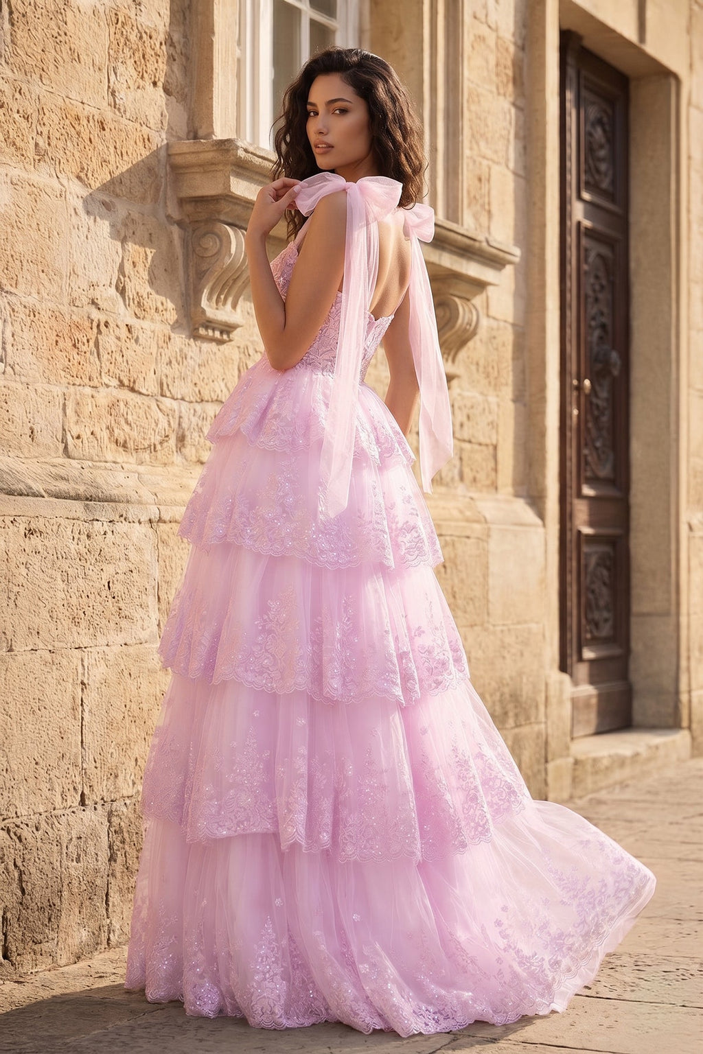 Light Blue Tulle Appliques Tying Strap Ruffle Tiered Long Wedding Guest Dress - Curvevia