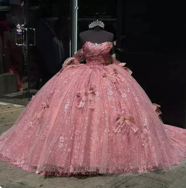 Pink Tulle Ball-Gown Off-the-Shoulder Quinceanera Dresses - Curvevia