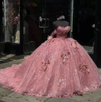 Pink Tulle Ball-Gown Off-the-Shoulder Quinceanera Dresses - Curvevia