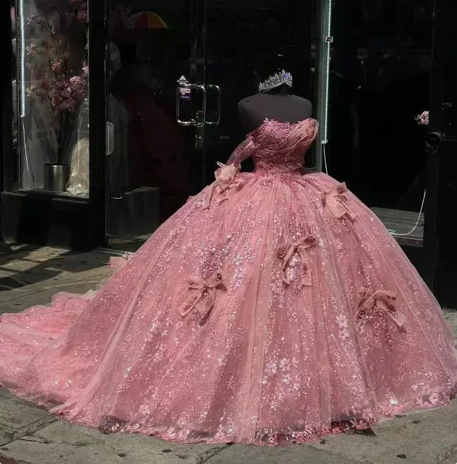 Pink Tulle Ball-Gown Off-the-Shoulder Quinceanera Dresses - Curvevia