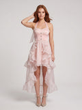 Pink Tulle A-Line Halter neckline Back Zip Asymmetrical Dress with Pearl-beaded Collar - Curvevia