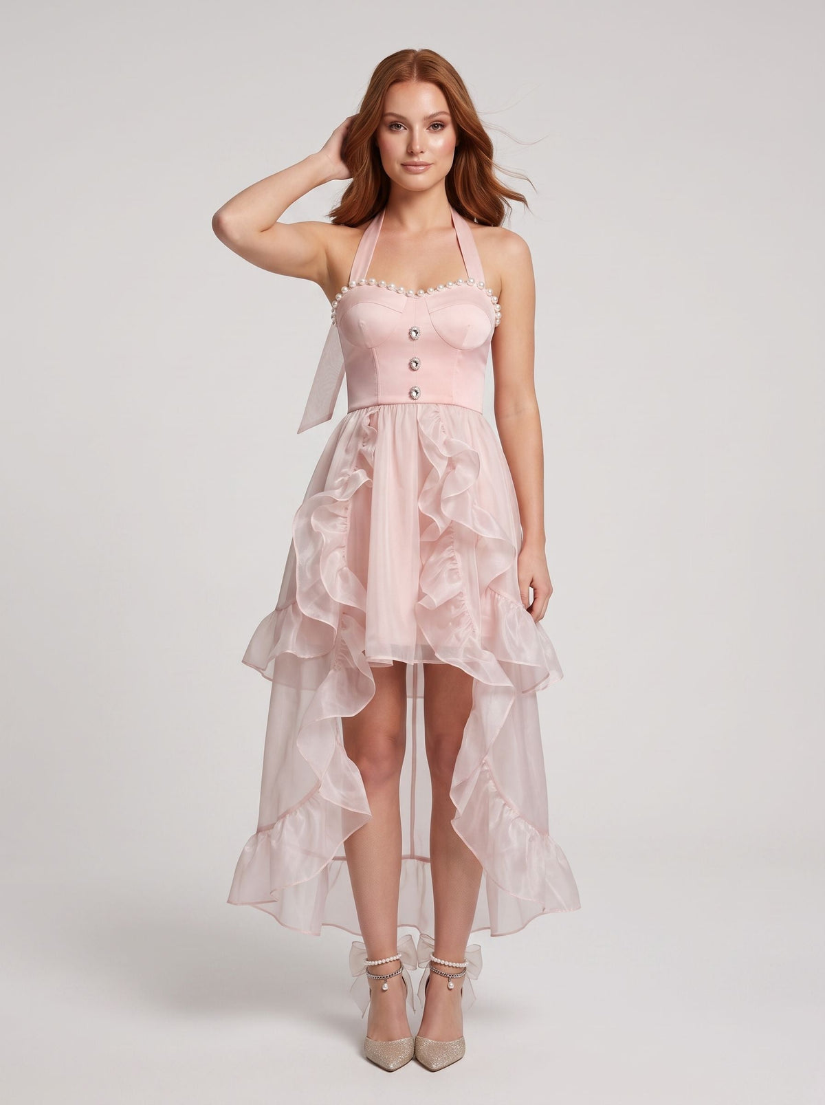 Pink Tulle A-Line Halter neckline Back Zip Asymmetrical Dress with Pearl-beaded Collar - Curvevia