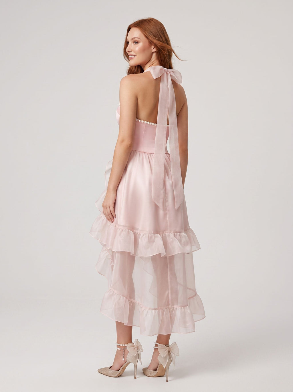 Pink Tulle A-Line Halter neckline Back Zip Asymmetrical Dress with Pearl-beaded Collar - Curvevia