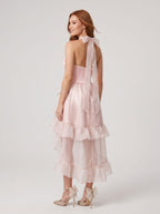 Pink Tulle A-Line Halter neckline Back Zip Asymmetrical Dress with Pearl-beaded Collar - Curvevia